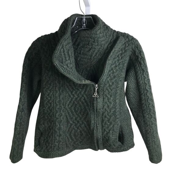 Arancrafts Sweater Womens Sz M Dark Green Asymmetrical Zip Chunky Wool Cardigan - Picture 3 of 9
